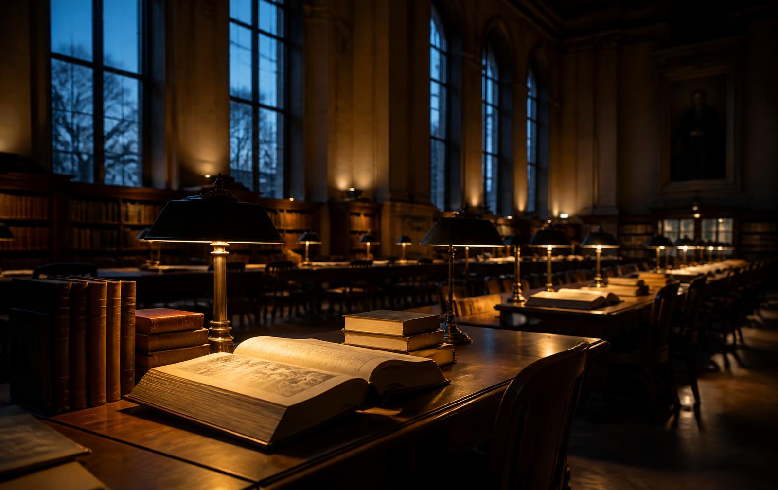 A university reading room at dusk